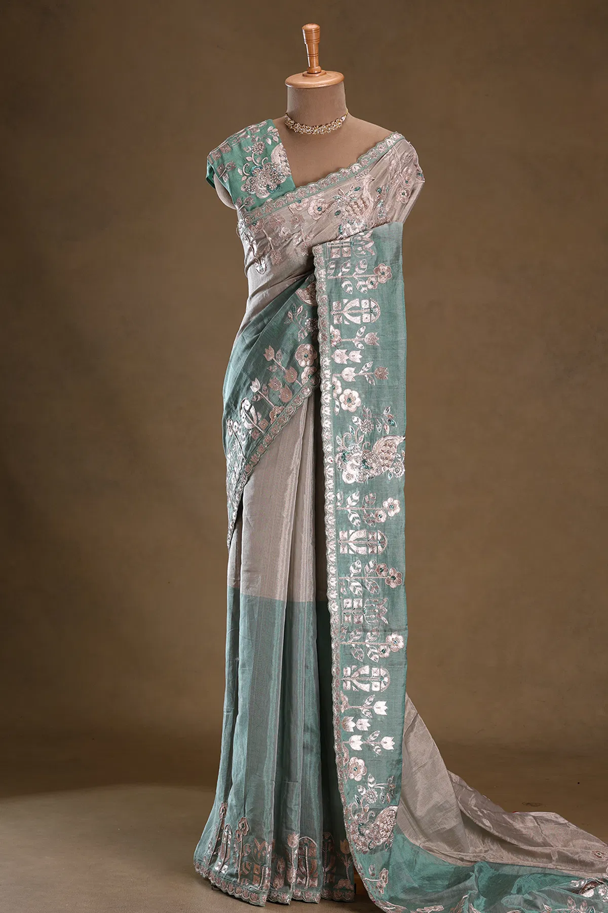 Blue and grey zari embroidered tissue design
